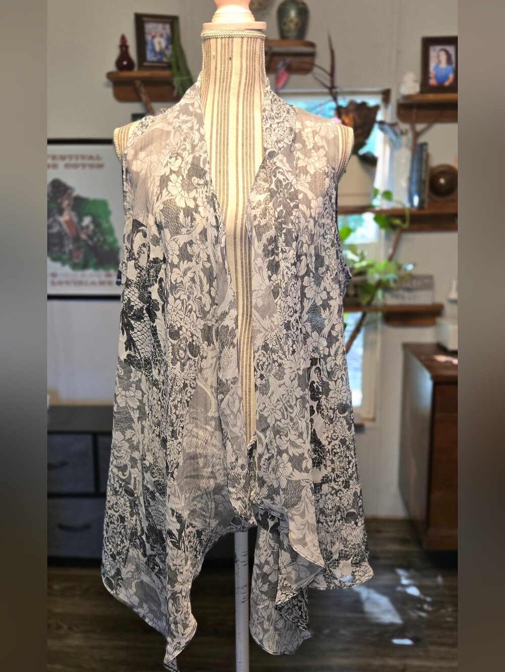 Susan Graver Black and White Floral Sheer Draped Sleeveless Top